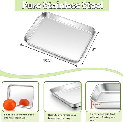 TeamFar Toaster Oven Tray, 10.5’’ x 8’’ x 1’’, Stainless Steel Small Baking Pan Tray Cooling Roasting Rack with Silicone Mat Set for Daily Use, Non-toxic & Sturdy, Oven & Dishwasher Safe, Set of 3