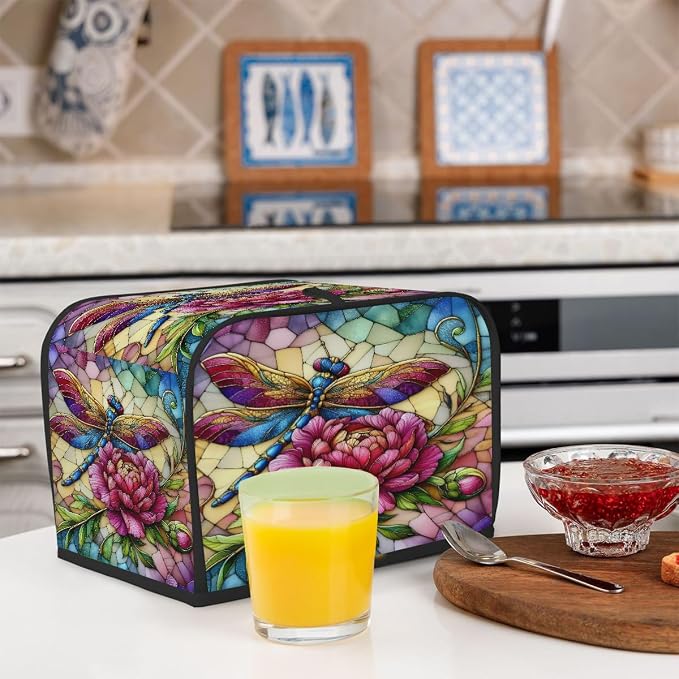 Flower Dragonfly Toaster Cover 4 Slice Wide Slot Washable Toaster Covers | Rainbow Art Dust and Fingerprint Protection Bread Maker Covers for Kitchen Accessories Decor Bakeware Women Gift