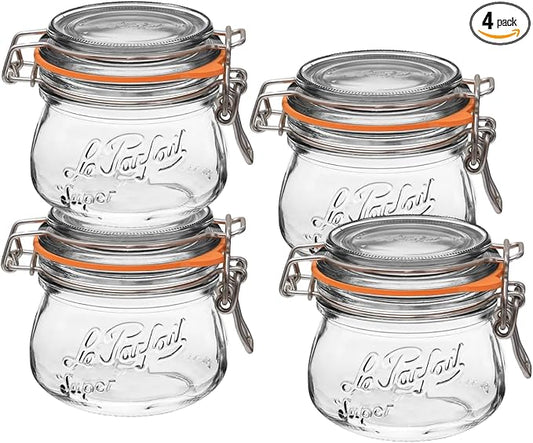 Le Parfait Super Jar 250mL (8oz) French Glass Preserving Jar w/Airtight Rubber Seal & Wire Bail Closure - BPA-Free Canning Jar for Pickles, Fruit, Sauce & Food Storage - Made in France Since 1930 4PK
