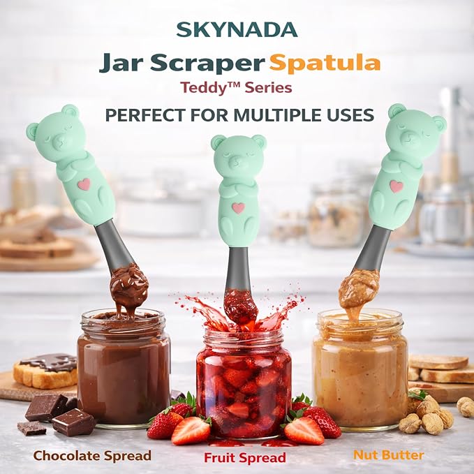 Jar Scraper Spatula - Silicone Scraper, Cute Kitchen Accessories, Unique Fun Cooking Kitchen Gadgets for Foodies - BPA-free & 100% Food Safe (Teddy - Green)