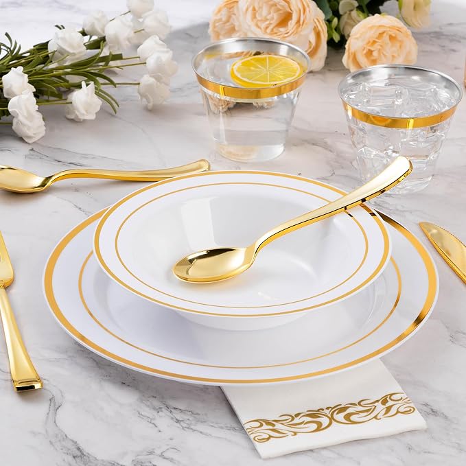 Goodluck 300 Pack Plastic Bowls with Gold Rim, 12oz Disposable Soup Bowls, Heavy Duty Dessert Bowls for Weddings, Parties, Dinners, Catering, Thanksgiving and Everyday Use