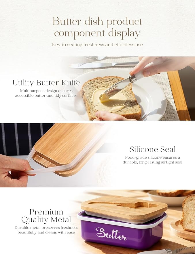 Butter Dish, Butter Dish with Lid for Countertop,Metal Butter Keeper with Stainless Steel Multipurpose Butter Knife, Large Butter Container with quality Silicone Good Kitchen Gift,Purple