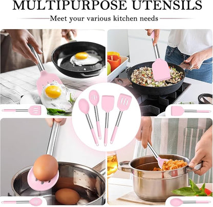 TeamFar Kitchen Utensils, 4 PCS Silicone Cooking Utensils Spatula Spoon Set with Stainless Steel Handle, for Frying Mixing Draining Turning, Healthy & Heat-proof, Non-stick & Dishwasher Safe - Pink