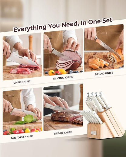 Knife Set, 15 Pcs German High Carbon Stainless Steel Kitchen Knife Set, Knife Sets with Block and Sharpener,Enduring Razor-Sharp FSC Wooden Knives Block Set for Kitchen，Nature