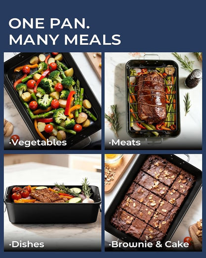 Turkey Roasting Pan with Rack Non stick Carbon Steel Roaster 16x11 Inch, Dishwasher Safe, Deep Baking Broiler Pan for Oven Chicken, Bacon, Black
