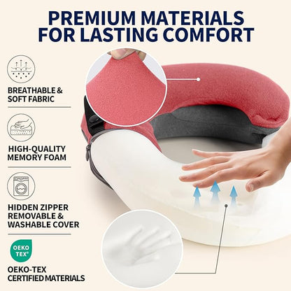 BUYUE Kids Travel Pillows for Airplane, Memory Foam 360° Head Support Sleeping Essentials for Girls Long Flight, Skin-Friendly Soft Neck Pillow for Traveling in Car Seat, (Small, Pink Grey, 40-90 lbs)