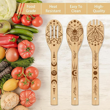 GLOBLELAND 6 Pcs Moon Moth Wooden Spoons Utensil Set Moon Phases Bamboo Kitchen Cooking Utensils for Women and Men Wooden Engraved Cooking Spatula Set for Kitchen Fun House Warming Gift