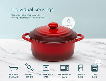 Kook Ceramic Mini Cocotte Set, Small Casserole Dishes with Lids and Handles, Individual Baking Ramekins, Oven safe 350F, Microwave & Dishwasher Safe, Stoneware, 12 oz, Set of 4, (Crimson Ombre)