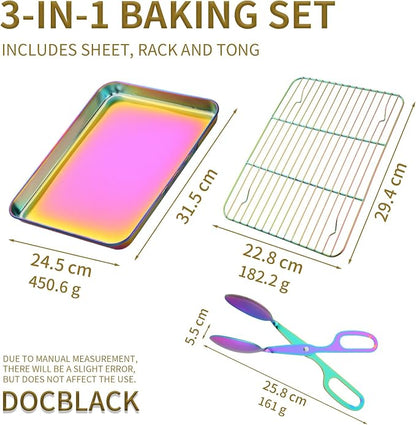 DOCBLACK Baking Sheet with Wire Rack and BBQ Tong Set, Stainless Steel Cookie Sheet Baking Tray & Cooling Rack & 26cm Food Tong for Cooking and Oven, Dishwasher Safe-Rainbow