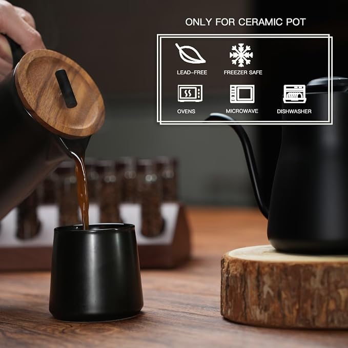 Ceramic French Press Coffee Maker, 22oz Single Serve Coffee Press with Walnut Wood Lid, Lead-Free, Food Grade Stainless Steel Filter with Dual Screen for Coffee and Loose Tea, Black
