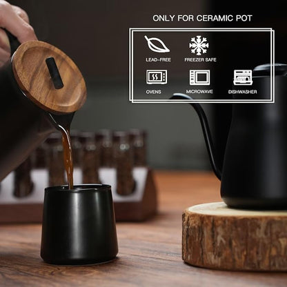 Ceramic French Press Coffee Maker, 22oz Single Serve Coffee Press with Walnut Wood Lid, Lead-Free, Food Grade Stainless Steel Filter with Dual Screen for Coffee and Loose Tea, Black