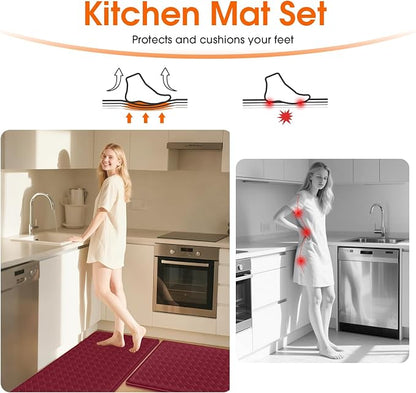 TranquilRelax 2-Piece Anti-Fatigue Kitchen Mats, Cushioned Non-Slip Waterproof Sink & Stove Floor Mats, Comfortable Standing Rug Set for Kitchen, Laundry & Entryway, Red