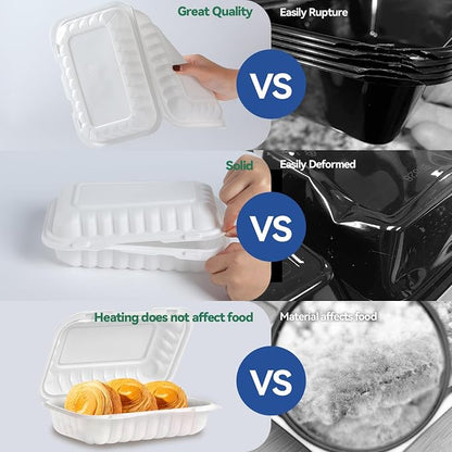 9x6 27 oz 50 Pack To Go Containers - Shrink Wrap Ready to Use | Mineral Filled PP BPA Free Clamshell | Freezer Microwave Safe | White Reusable Food Boxes for Commercial, Sandwiches & Salad