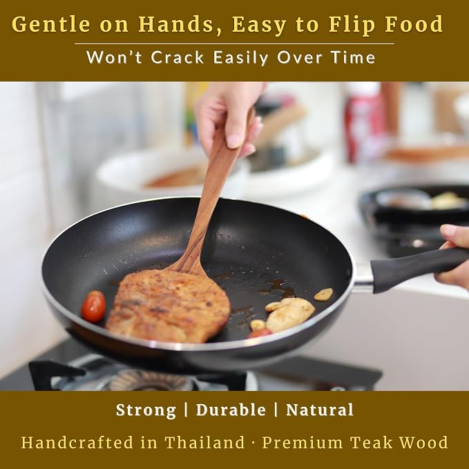 SarnThai Handmade Teak Wood Spatula – Durable Wooden Turner for Stir Fry Cooking, Long Handle Natural Cooking Utensil for Non-Stick Pans & Woks