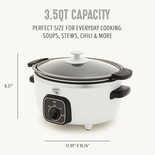 GreenLife 3.5QT Slow Cooker, PFAS-Free Non-Toxic Ceramic Nonstick Removable Interior Bowl, Programmable, Keep Warm, Stovetop & Oven Safe Pot, Dishwasher Safe Crock & Glass Lid, White