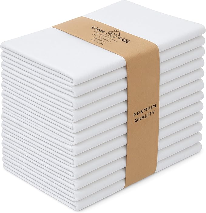 Urban Villa Flour Sack Kitchen Towels (27x27 Inches 12 Pack) Extra Large Premium White DishTowels 100% Cotton Flour Sack Kitchen Towels for Embroidery, DIY Projects, Cloth Diapers, Cheese Strainers