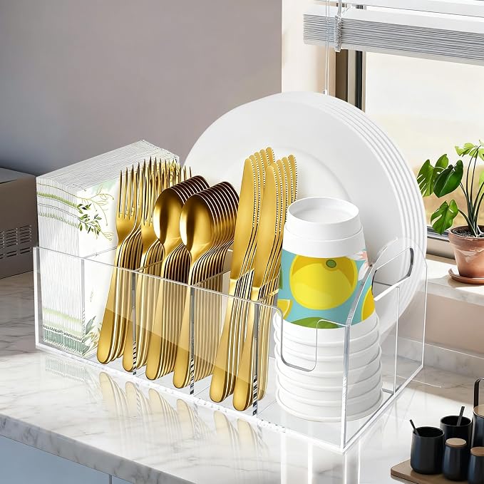Acrylic Paper Plate Organizer, Utensil Silverware Caddy, Used For Storing Plates, Cups, Napkins, Small Snacks And Tableware - Suitable For Home, Party, Camping And Picnic
