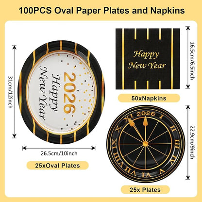 Dereinwo 100 PCS New Year Paper Plates and Napkins | Bundle Includes Paper Oval Dinner Plates Dessert Plates and Napkins for New Year Party Supplies