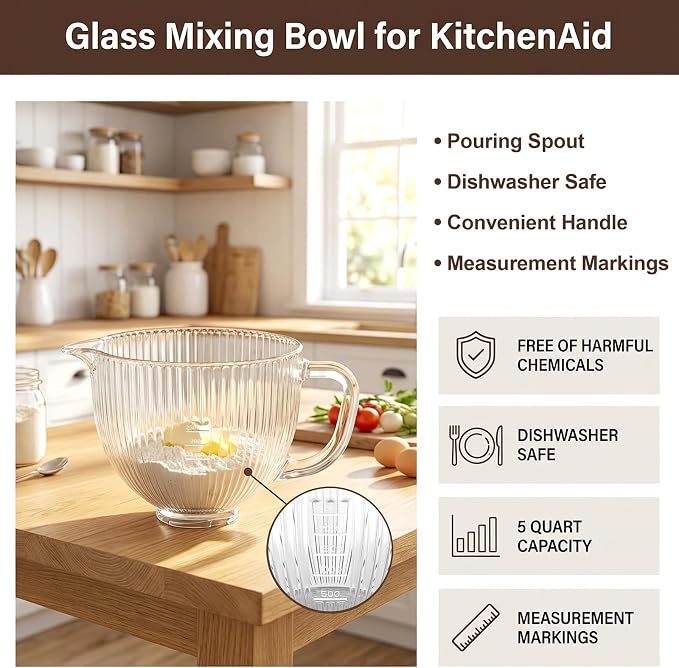 Glass Mixing Bowl for KitchenAid Tilt-Head Stand Mixers, 5Qt Replacement Bowl with Measurement Markings & Pour Spout for 4.5-5 Quart KitchenAid Mixers, Perfect for Mixing Dough, Egg by InnoMoon