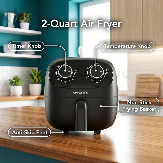 OVENTE 2QT Compact Air Fryer for 1–2 People, 900W Small Oil-Free Fryer with Manual Dual Knobs, Adjustable Temperature, 60 Minute Timer, Auto Shutoff & Dishwasher Safe Nonstick Basket, Black FAM18900B