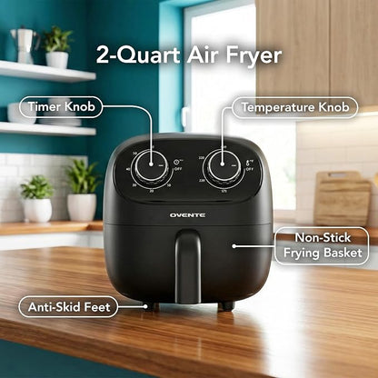 OVENTE 2QT Compact Air Fryer for 1–2 People, 900W Small Oil-Free Fryer with Manual Dual Knobs, Adjustable Temperature, 60 Minute Timer, Auto Shutoff & Dishwasher Safe Nonstick Basket, Black FAM18900B