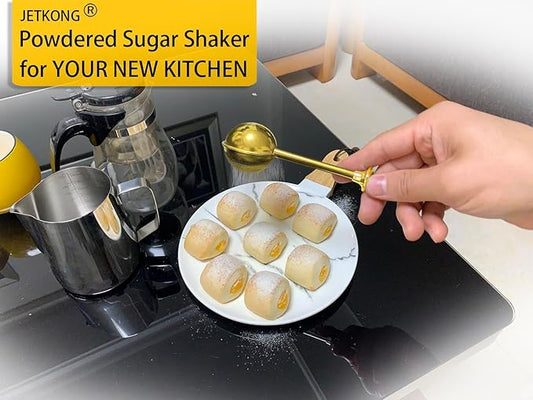 JETKONG Baker's Dusting Wand for Sugar, Flour and Spices, Stainless Steel Powdered Sugar Shaker Duster Sifter, Set of 2 (Gold)