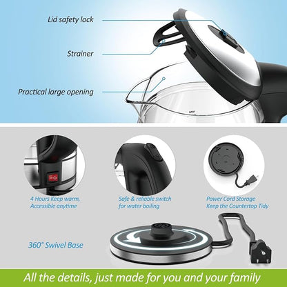 NISVITU 1.7L Dual Wall Cool Touch Electric Kettle, BPA-Free Borosilicate Glass Inner, PC Outer, 1500W Fast Boil Cordless Hot Water Boiler & Electric Tea Kettle, Keep Warm, Auto Shut-Off, Black
