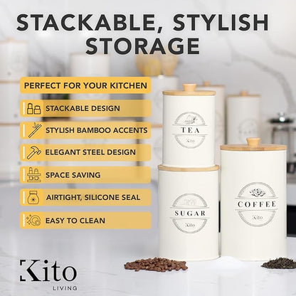 Kito LIVING Canisters Sets for Kitchen Counter Storage and Organization with Wooden Bamboo Lids, Food Pantry Containers, Stackable Steel Storage Bins, Airtight Sugar Tea Coffee Canisters - Cream