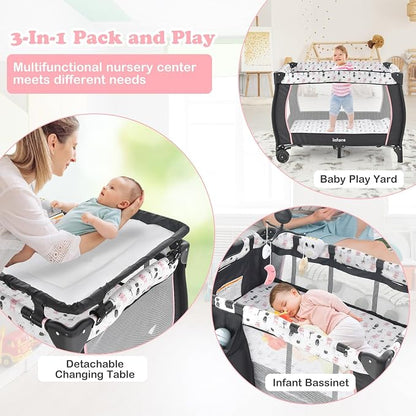 INFANS 3 in 1 Pack and Play, Portable Travel Baby Bassinet with Detachable Mattress, Changing Table, Foldable Playpen with Carry Bag, 2 Wheels (Cartoon)