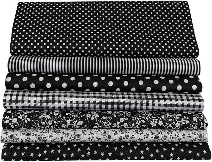 7PCS Different Patterns Printed Cotton Fabric Squares 50 cm x 50 cm Handmade Craft Cloths Bundle for Sewing Patchwork, Quilting, DIY Scrapbooking Tissue (Black)