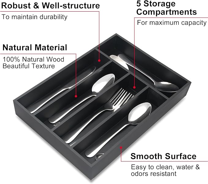 Wooden Silverware Drawer Organizers Black Utensil Trays for Kitchen Drawers Wood Cutlery Tray Flatware Organizer Utensil Holder Drawer Divider Fork Spoon Organizer Storage Bamboo Silverware Tray