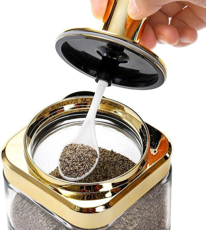 2 Pack Glass Condiment Pot, 12 Ounce Gold Spice Jars with Spoon, Seasoning Box Set Salt Container, Sugar Dispense, Kitchen Containers for Flour and Sugar