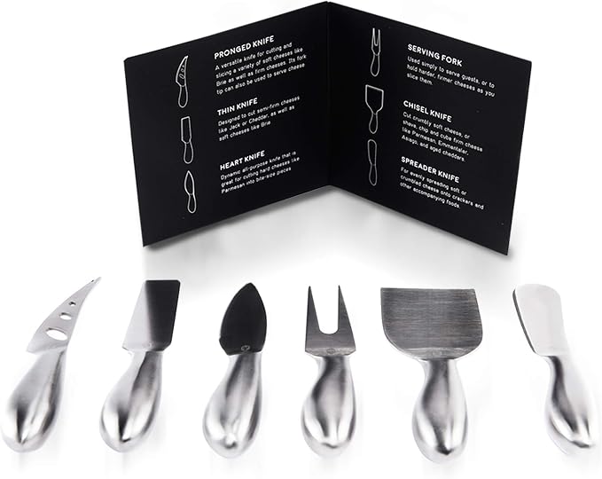 Lunar 6-Piece Cheese Knife Set - Premium Stainless Steel Cheese Knives Collection - Charcuterie Board Accessories Gift Ready w/ 15 Festive Recipes