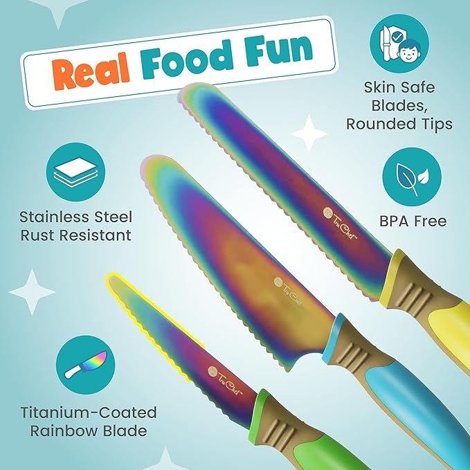 TruChef Kids Knife Set for Real Cooking | Skin Safe Chef Set for Ages 3+ with Rainbow Blades, Cutting Board, Scraper, Recipe Cards | Jr Chef Cooking Gift for Teens & Kids (16 Pcs)