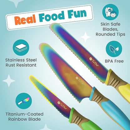 TruChef Kids Knife Set for Real Cooking | Skin Safe Chef Set for Ages 3+ with Rainbow Blades, Cutting Board, Scraper, Recipe Cards | Jr Chef Cooking Gift for Teens & Kids (16 Pcs)