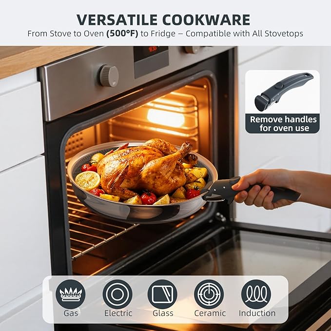 Ciwete Hybrid Non Stick Frying Pans Set 3-Piece, 8 & 10 Inch Tri-Ply Stainless Steel Pans Set with Detachable Handle, PFOA Free Kitchen Skillets for All Cooktops, Dishwasher & Oven-Safe Cooking Pan