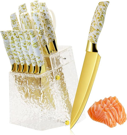 Knife Block Set, Gold Sharp Knives with Acrylic Block, Stainless Steel Kitchen Knife Set with Serrated Steak Knife, Chef Knife, Bread Knife, Scissors, Sharpener, 14Pcs Professional Knife Set for gift