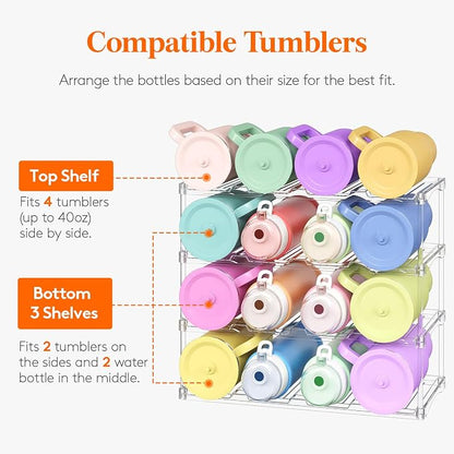 Lifewit Stackable Bottle Storage Organizer, Clear Freestanding Wine Holder for Cabinet, Large Slot Water Bottle Tumbler Organizer for Pantry, Plastic Wine Rack for Fridge Cellar, 4Tier Hold 16