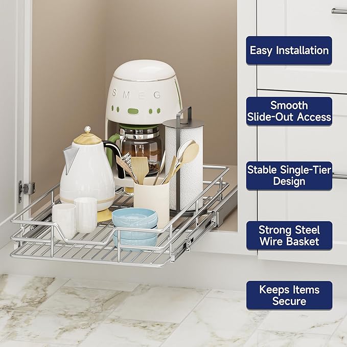 Pull Out Cabinet Organizer, 14.5" W x 21.5" D, Heavy Duty Chrome Slide Out Shelf for Base Cabinets, Sliding Wire Basket Drawer for Pantry Items, Bowls, Containers & Cleaning Supplies