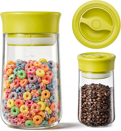 Airtight Glass Jar with Rotary Lid, 27oz Borosilicate Food Storage Jar with Measurement Marks, Wide Mouth Pantry Canister for Coffee Beans, Oats, Rice, Sugar, Snack, Sourdough Starter, Flour