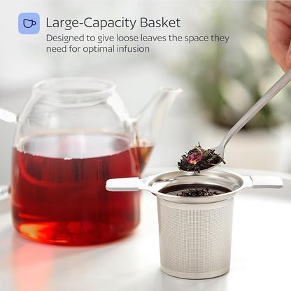 Stainless Steel Tea Infuser for Loose Leaf Tea – Extra Fine Mesh Strainer with Heat Proof Double Handles & Lid, Reusable Filter Fits Mugs, Cups & Teapots, White