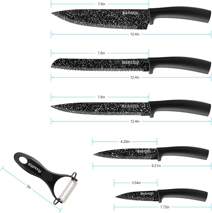 Knife Set, 6 Pieces Kitchen Knives Set with Anti-Rust Coating & Ergonomic Handles, Lightweight, Dishwasher Safe stainless steel Knife, Gift for Kitchen Enthusiasts, Family Chef(Bend)