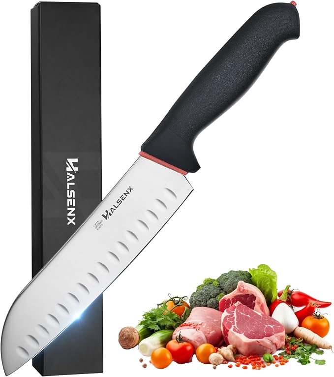 7 inch Santoku Knife- Razor-Sharp High Carbon Stainless Steel with Fluted Edge, Non-Slip Softgrip Handle,Multi-Purpose Kitchen Knife for Vegetable Chopping, Precise Dicing, Meat Slicing