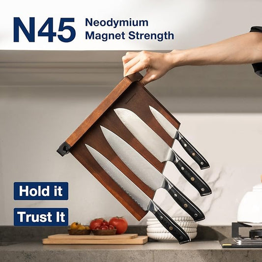 Gourmetop Magnetic Knife Holder with Built-in Sharpener, 100% Acacia Wood Magnetic Knife Block without Knives, Strong Double-Sided Magnetic Knife Holder for Kitchen Countertop Organization, Dark Wood