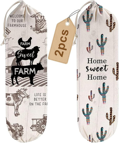 2Pcs Farmhouse Plastic Bag Holder for Kitchen Essentials, Reusable Hanging Grocery Bag Organizer, Washable Large Grocery Trash Bags Storage Dispenser, Farmhouse Home Decor
