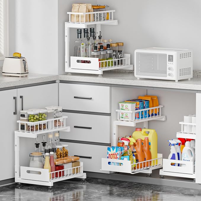 Saydear Under Sink Organizer, 2-Tier Premium Metal Pull-Out Racks with Adjustable Height, Heavy Duty Sliding Bin for Bathroom and Kitchen Cabinet Storage, Rust Resistant 2 Pack