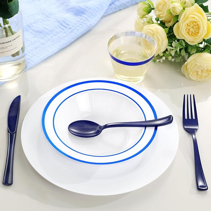 Goodluck 50 Pack Plastic Bowls with Blue Rim, 12oz Disposable Soup Bowls, Heavy Duty Dessert Bowls for Graduations, Weddings, Parties, Catering, and Everyday Use