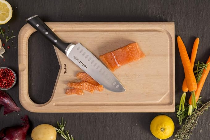 Tefal Wooden Knife Block 5pc Set- Ice Force Knives, German Stainless Steel & Premium Design - Bread 20 cm | Chef 20 cm | Santoku 18 cm | Utility 11 cm | Paring 9 cm - K232S574