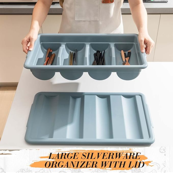 Maxdot 3 Pcs 20.5 x 11.9 x 3.7 Inch Silverware Organizer with Lid, Commercial 4-compartment Restaurant Kitchen Cutlery Tray, Plastic Silverware Storage Container, Condiments Holder (Grayish Blue)