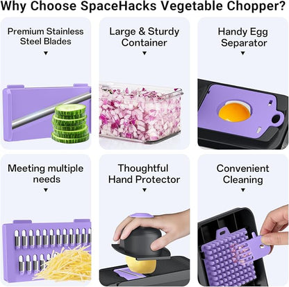 SpaceHacks 15-in-1 Vegetable Chopper, Kitchen Gadgets with 10 Blades, Veggie, Food, Onion Chopper, Cucumber Slicer, Versatile Mandoline, Includes Egg Separator & Finger Guard, Purple
